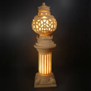 Sandstone Lantern Pillar Garden Light with glowing fiber lantern top