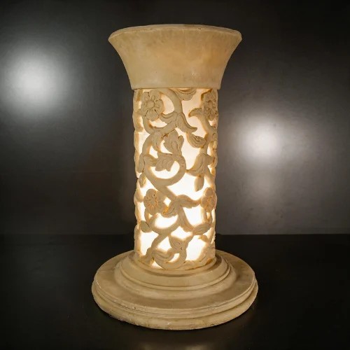 Sandstone Flared Vase Garden Light with glowing fiber vine pattern