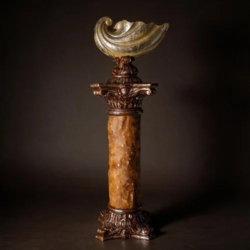 Fiber Pillar Shell Lamp with glowing column and silver-brown finish