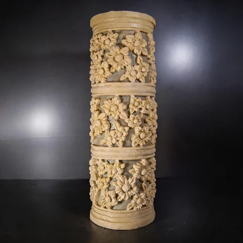 Sandstone Floral Cylinder Garden Light with glowing fiber floral panels
