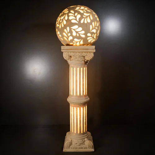 Sandstone Roman Pillar Garden Light with glowing fiber leaf-pattern globe
