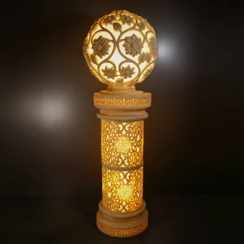 Sandstone Cylinder Pillar Garden Light with glowing fiber floral globe