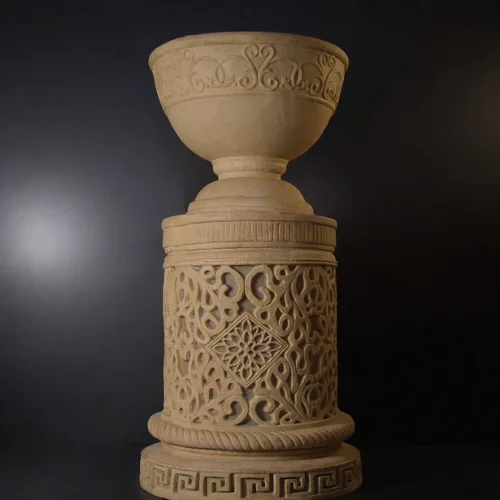 Sandstone Planter Light Stand with carved bowl and glowing lattice base