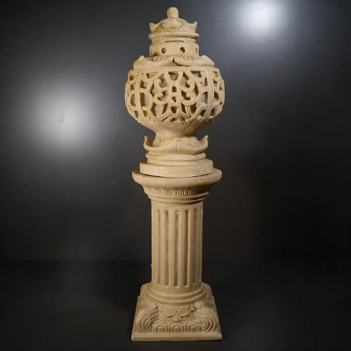 Sandstone Lantern Pillar Garden Light with glowing fiber lantern top