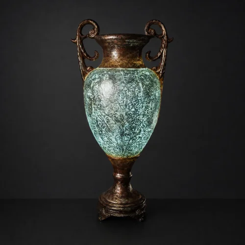 Silver Urn Floor Lamp with scrolled handles and glowing textured body