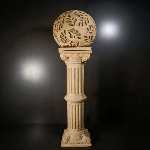 Sandstone Roman Pillar Garden Light with glowing fiber leaf-pattern globe