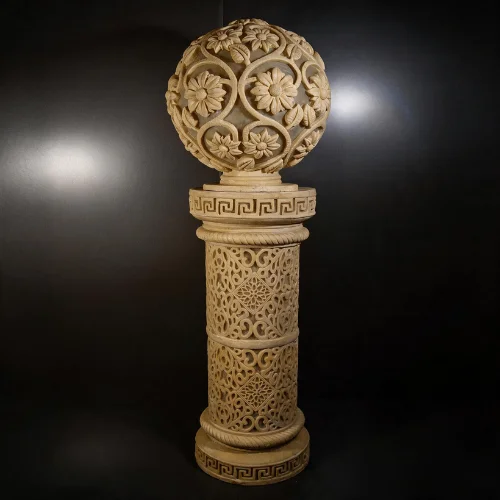 Sandstone Cylinder Pillar Garden Light with glowing fiber floral globe
