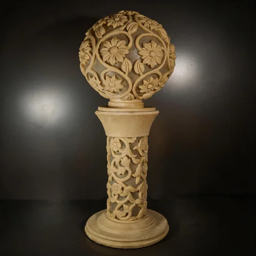 Sandstone Vine Ball Pillar Light with glowing fiber floral sphere