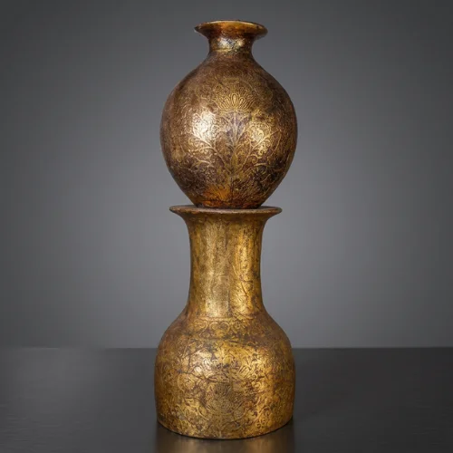 Golden Orb Pedestal Lamp with glowing sphere on antique base