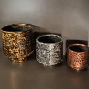 Fiber Textured Planter Set of three unbreakable pots in gold, silver, and copper finish