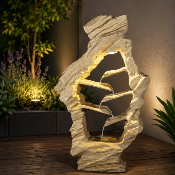 Sandstone Rock Floor Fountain with glowing natural cascade