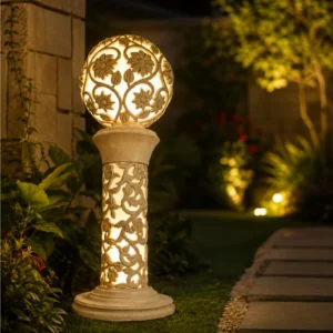 Sandstone Vine Ball Pillar Light with glowing fiber floral sphere