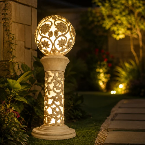 Sandstone Vine Ball Pillar Light with glowing fiber floral sphere