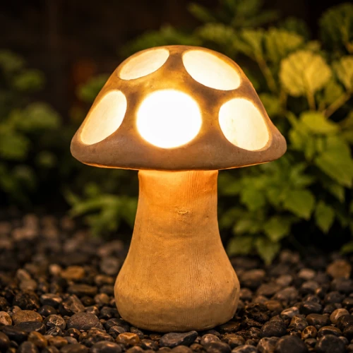 Glowing sandstone mushroom garden light with round carved cut-outs at night