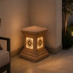 artificial sandstone pedestal with carved floral design for indoor outdoor decor