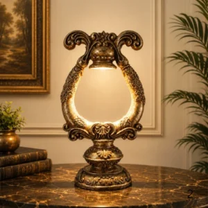 Antique Scroll Table Lamp with silver-brown scroll carving
