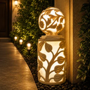 Handmade Sandstone Leaf Design Garden Light with warm LED glow for indoor and outdoor decor