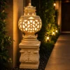 Sandstone Lantern Pillar Garden Light with glowing fiber lantern top