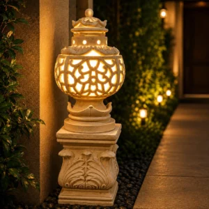 Sandstone Lantern Pillar Garden Light with glowing fiber lantern top