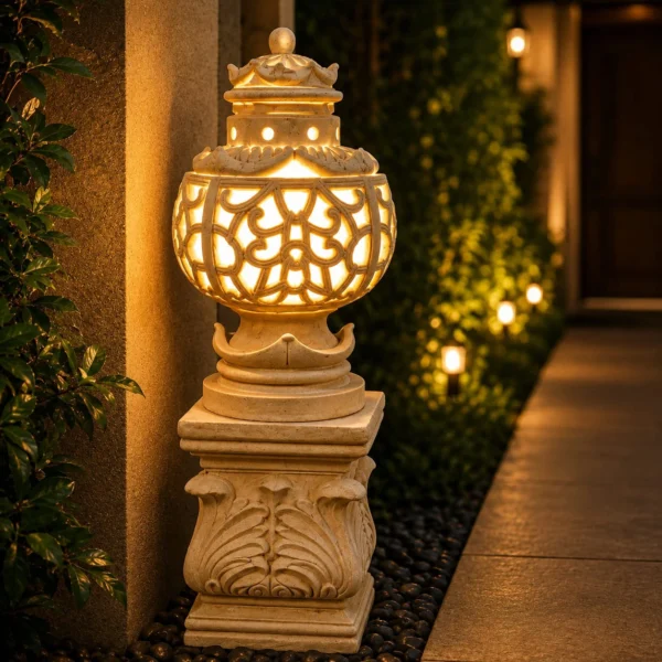 Sandstone Lantern Pillar Garden Light with glowing fiber lantern top