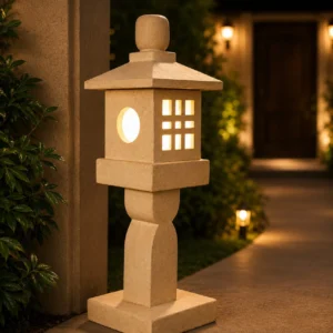 Sandstone garden light glowing softly beside a garden path at night