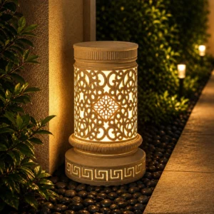 Faux sandstone pedestal lantern base with carved floral medallion design