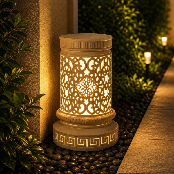 Faux sandstone pedestal lantern base with carved floral medallion design