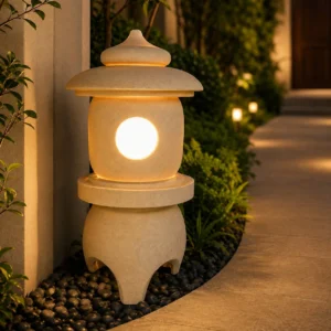 Curved roof and rounded finial of the sandstone garden lantern