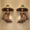Fiber rope bracket with light - ornate gold leaf carved wall shelf pair
