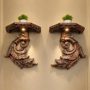 Fiber rope bracket with light - ornate gold leaf carved wall shelf pair