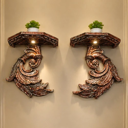Fiber rope bracket with light - ornate gold leaf carved wall shelf pair