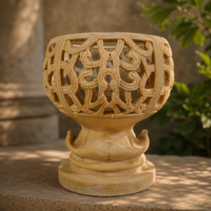 Decorative sandstone planter with intricate carved openwork design and pedestal base