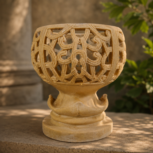 Decorative sandstone planter with intricate carved openwork design and pedestal base