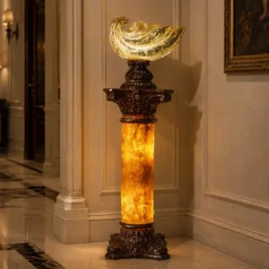 Fiber Pillar Shell Lamp with glowing column and silver-brown finish