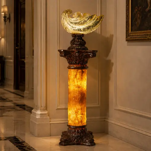 Fiber Pillar Shell Lamp with glowing column and silver-brown finish