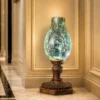 Frosted Glass Pedestal Lamp with textured shade and carved antique base