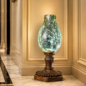 Frosted Glass Pedestal Lamp with textured shade and carved antique base