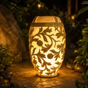 Illuminated sandstone planter and pot with floral carved design and fiberglass light section