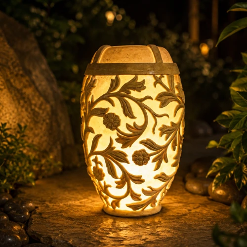 Illuminated sandstone planter and pot with floral carved design and fiberglass light section