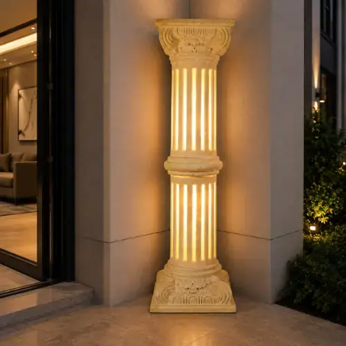 Sandstone Roman pillar garden light with fluted column and warm integrated lighting