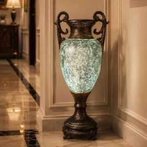 Silver Urn Floor Lamp with scrolled handles and glowing textured body
