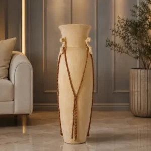 Tall handcrafted sandstone floor vase with twisted rope and scroll handles