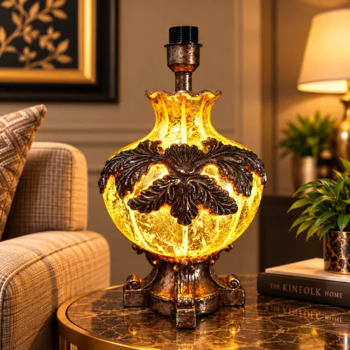 Floral fiber glass table lamp with glowing decorative body