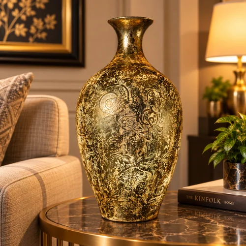 Ornate fiber glass table lamp with textured vase design