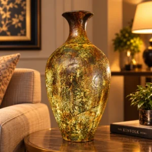Ornate fiber glass table lamp with textured vase design