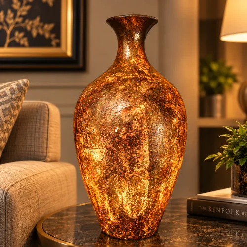 Ornate fiber glass table lamp with textured vase design