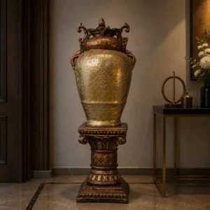 Golden Orb Pedestal Lamp with glowing sphere and antique gold base