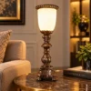 Antique Candlestick Table Lamp with frosted glass shade and silver-brown finish