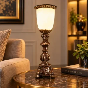 Antique Candlestick Table Lamp with frosted glass shade and silver-brown finish