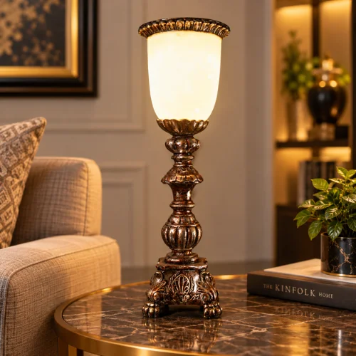 Antique Candlestick Table Lamp with frosted glass shade and silver-brown finish